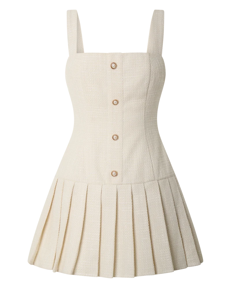 Calissa Mini Dress - Boucle Square Neck Drop Waist Pleated Dress in Cream