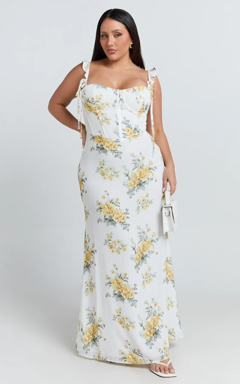 Mabel Maxi Dress - Georgette Frill Sleeve Sweetheart Bias Cut Dress in Antique Florals