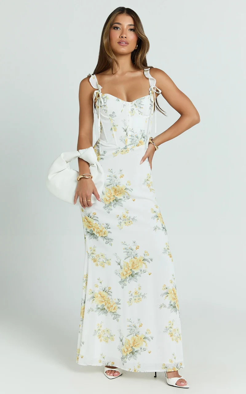 Mabel Maxi Dress - Georgette Frill Sleeve Sweetheart Bias Cut Dress in Antique Florals