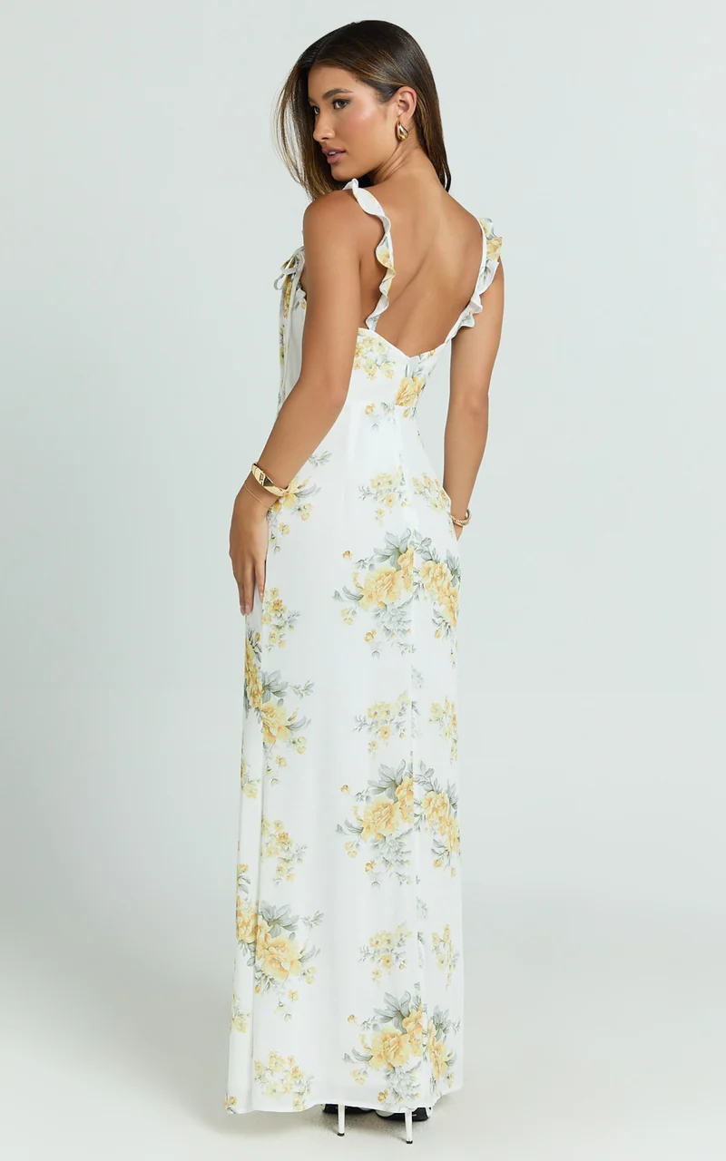 Mabel Maxi Dress - Georgette Frill Sleeve Sweetheart Bias Cut Dress in Antique Florals