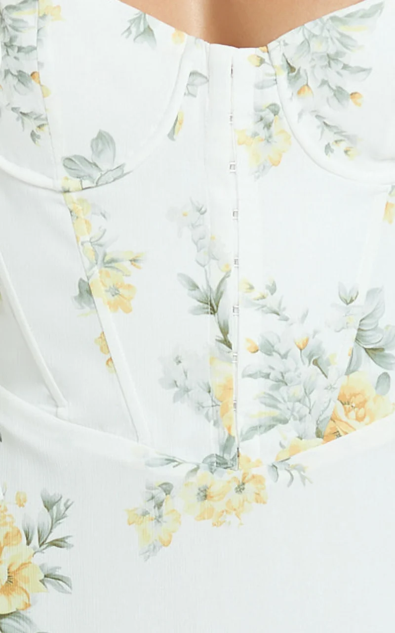 Mabel Maxi Dress - Georgette Frill Sleeve Sweetheart Bias Cut Dress in Antique Florals