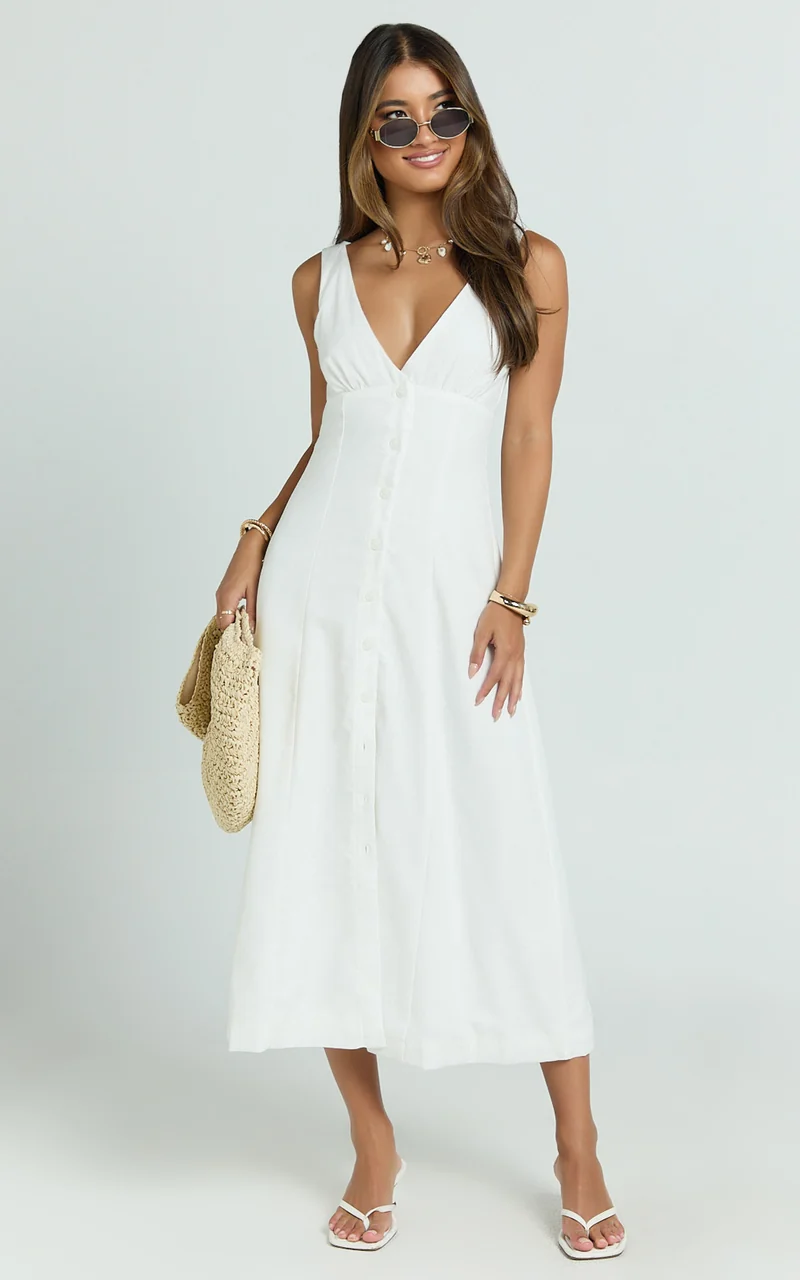 Zula Midi Dress - V Neck Sleeveless Under Bust Seam Circular Skirt Dress in White