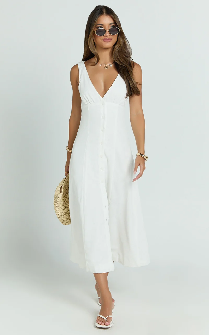 Zula Midi Dress - V Neck Sleeveless Under Bust Seam Circular Skirt Dress in White
