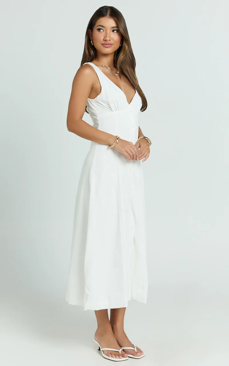 Zula Midi Dress - V Neck Sleeveless Under Bust Seam Circular Skirt Dress in White