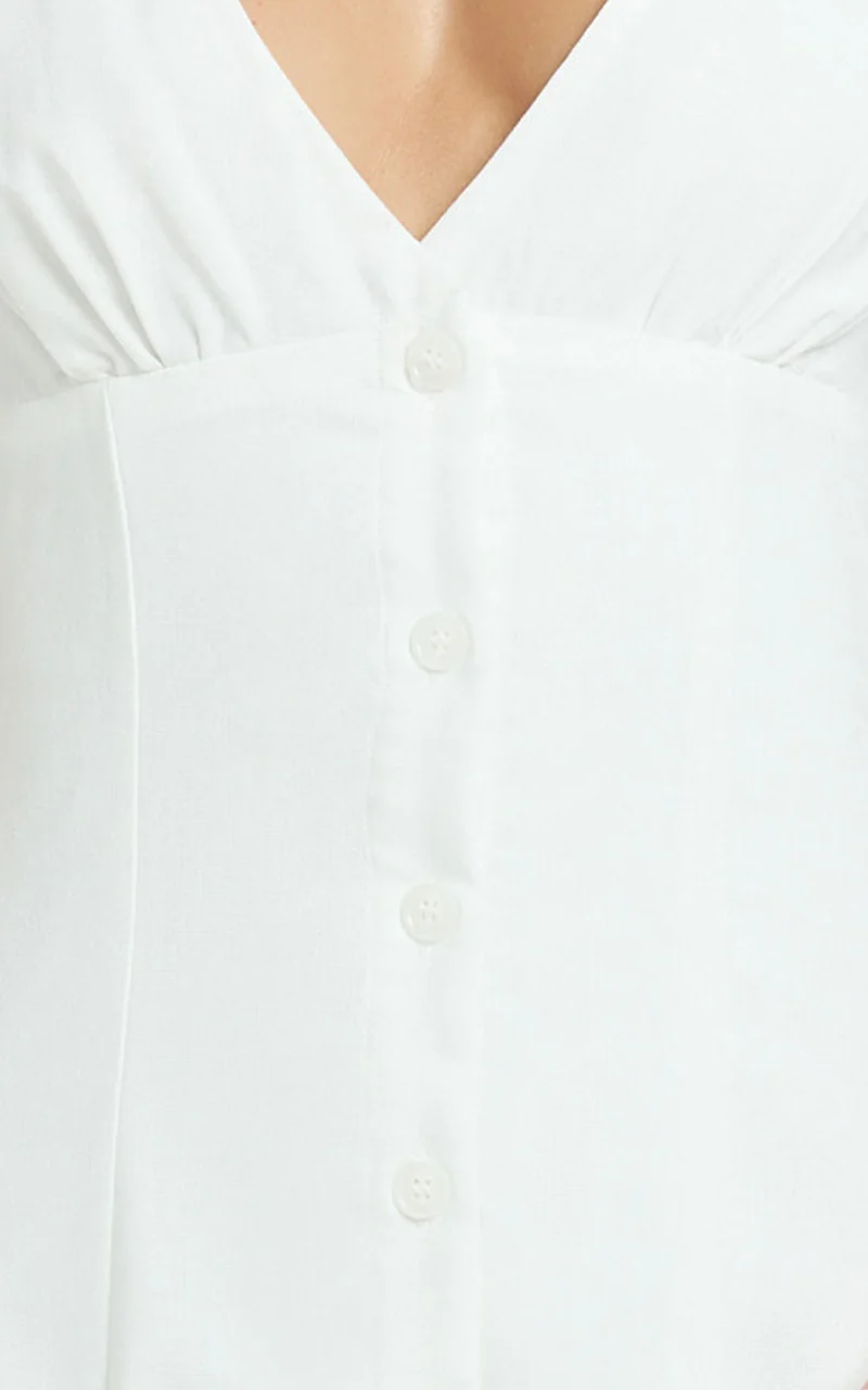 Zula Midi Dress - V Neck Sleeveless Under Bust Seam Circular Skirt Dress in White