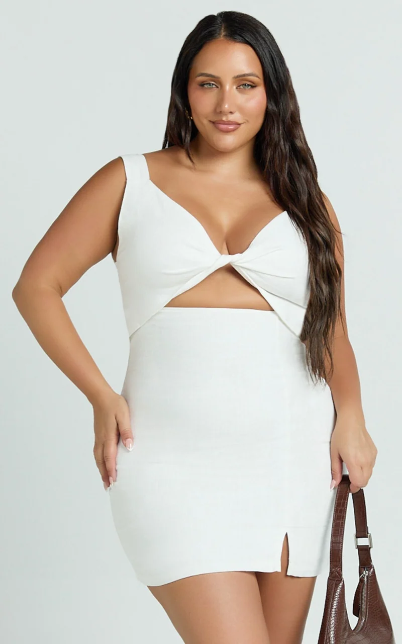 Finnley Mini Dress - Linen Twist Front Cut Out Dress in White