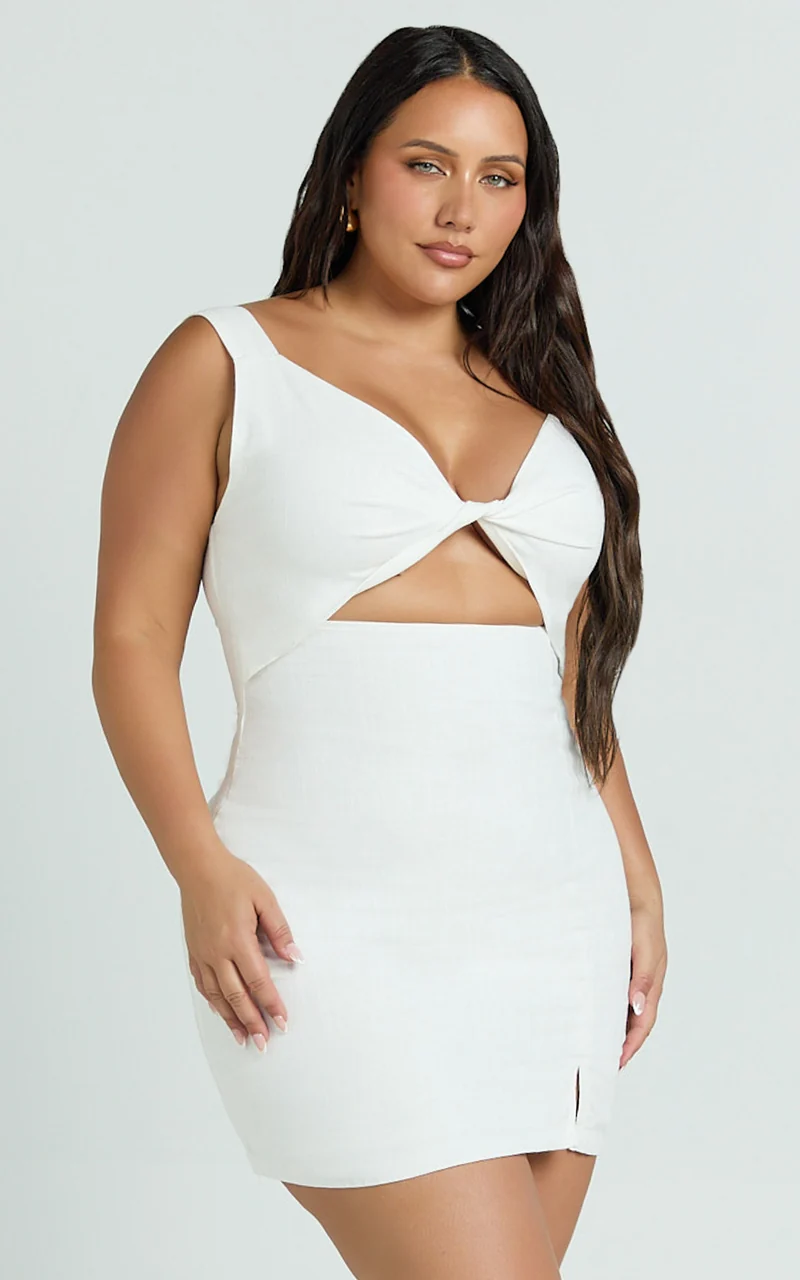 Finnley Mini Dress - Linen Twist Front Cut Out Dress in White