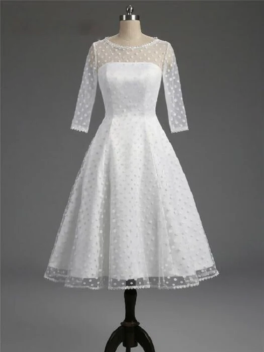Robe de mariée courte blanche classique à pois avec manches | Robe de mariée pin-up des années 1950