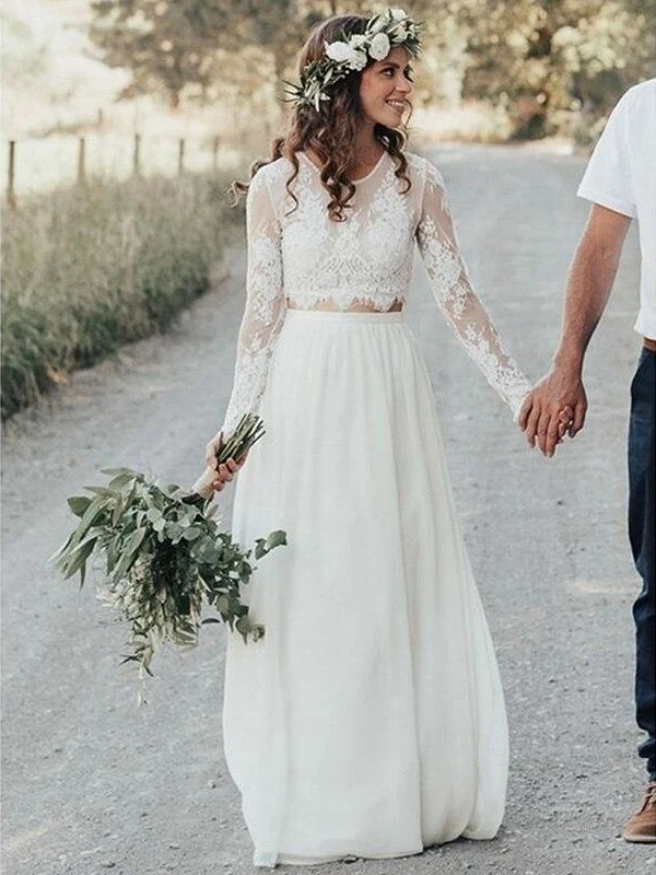 Robe de mariée rustique en dentelle à encolure dégagée, haut fluide, séparations, manches longues, deux pièces