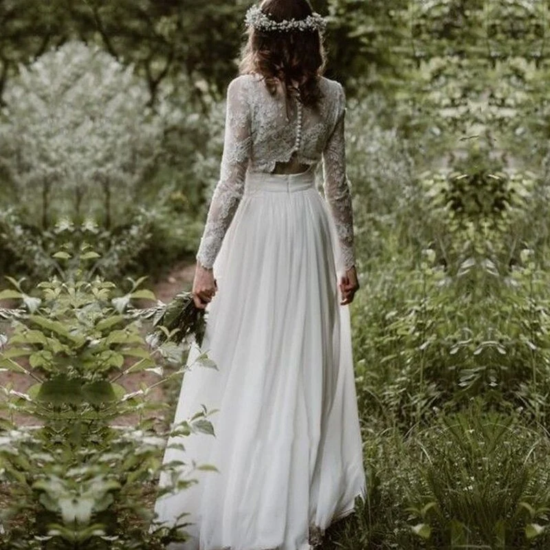 Robe de mariée rustique en dentelle à encolure dégagée, haut fluide, séparations, manches longues, deux pièces