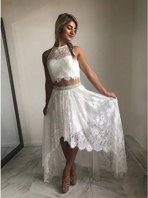 Flowy Halter Lace Crop Top Boho Beach Robe de mariée deux pièces | Jupe et haut de mariage décontractés