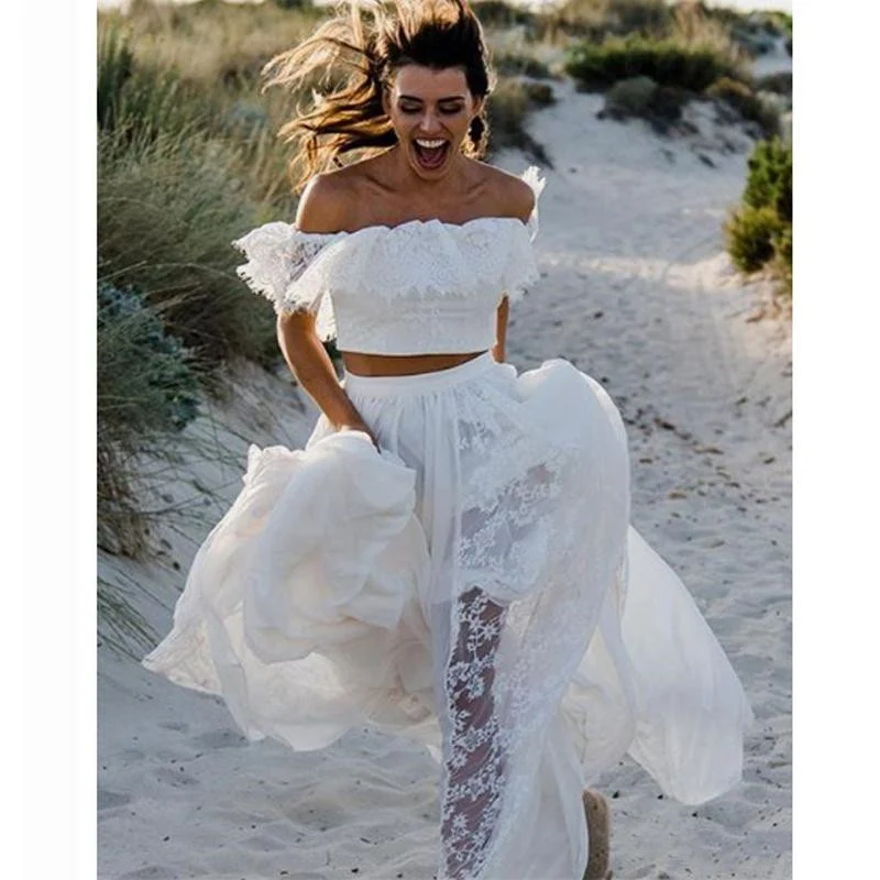 Robe de mariée en dentelle deux pièces fluide à épaules dénudées de plage | Séparations de mariée décontractées