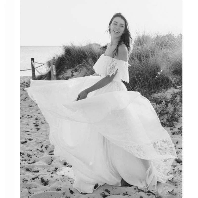 Robe de mariée en dentelle deux pièces fluide à épaules dénudées de plage | Séparations de mariée décontractées