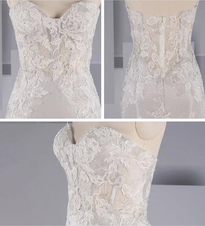 Robe de mariée sirène en dentelle sans bretelles à paillettes pour mariées courbées | Robe de mariée ajustée et évasée