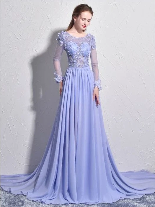 Robe de bal en mousseline de soie transparente, haut en dentelle florale, manches longues, lilas, robe formelle