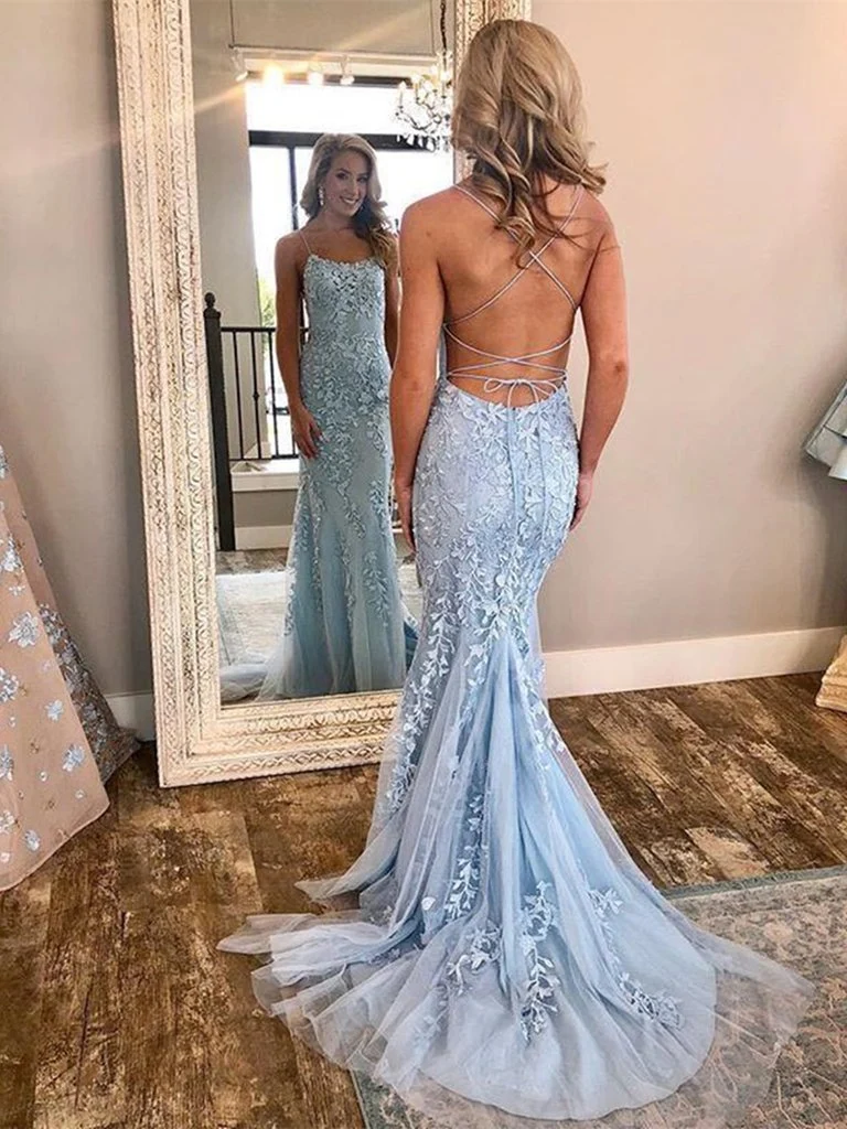 Robe de soirée sirène en dentelle bleu poussiéreux, dos nu, robe de bal serrée