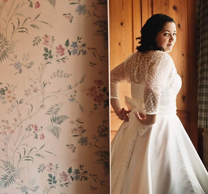 Robe de mariée rétro courte de campagne, longueur thé, dos nu, robe de mariée des années 50 avec boléro à pois