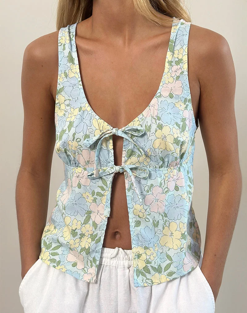 Rodite Tie Front Top in Washed Out Pastel Floral