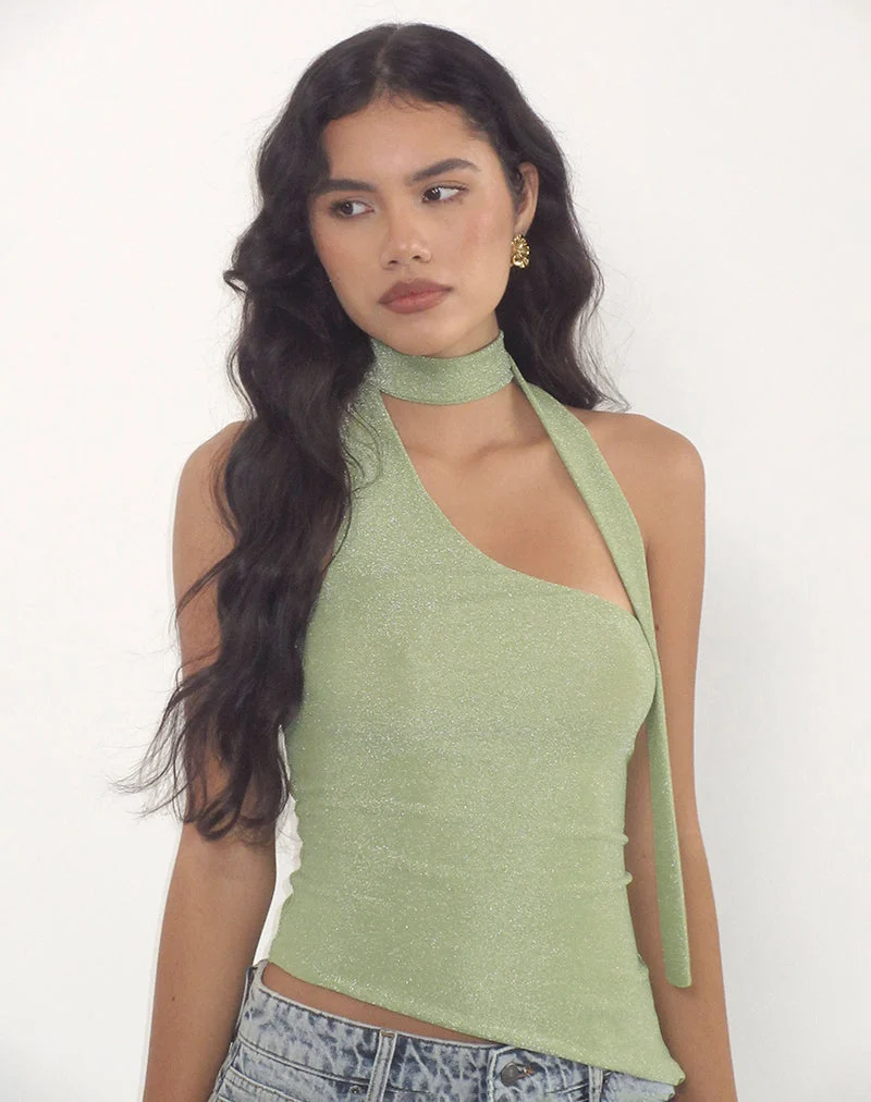 Karasi Tie Neck Top in Shimmer Lurex Green