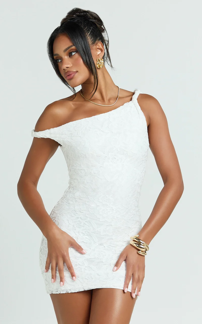 Miller Mini Dress - Lace Twist Off Shoulder Bodycon Dress in White