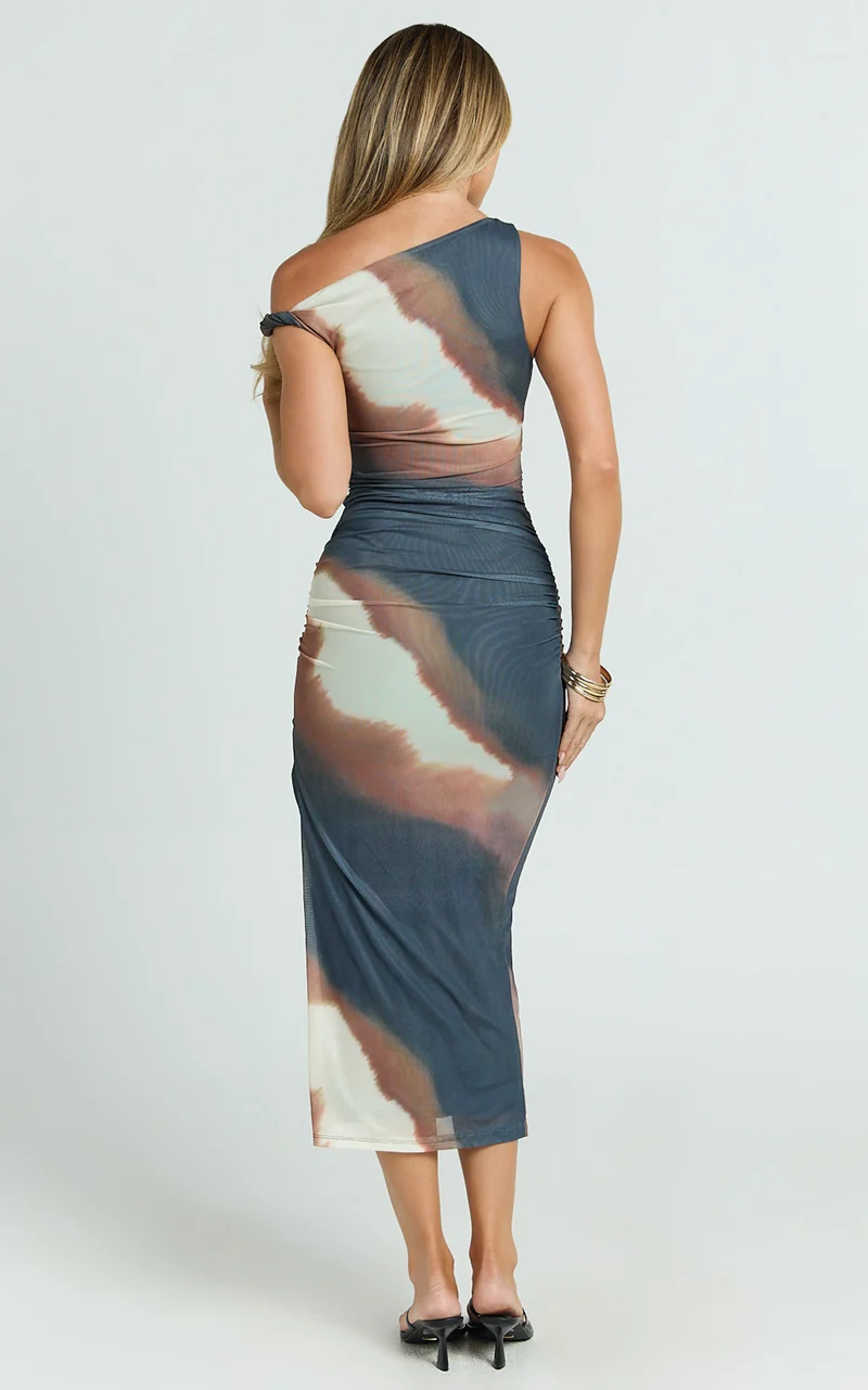 Nenita Midi Dress - One Shoulder Mesh Dress in Rust Print