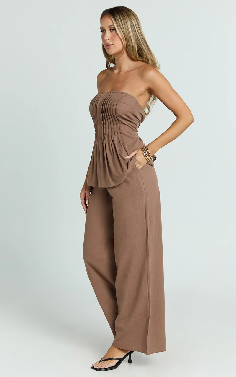 Carli Two Piece Top and Pants Set - Cotton Tube Pant Set in Chocolate