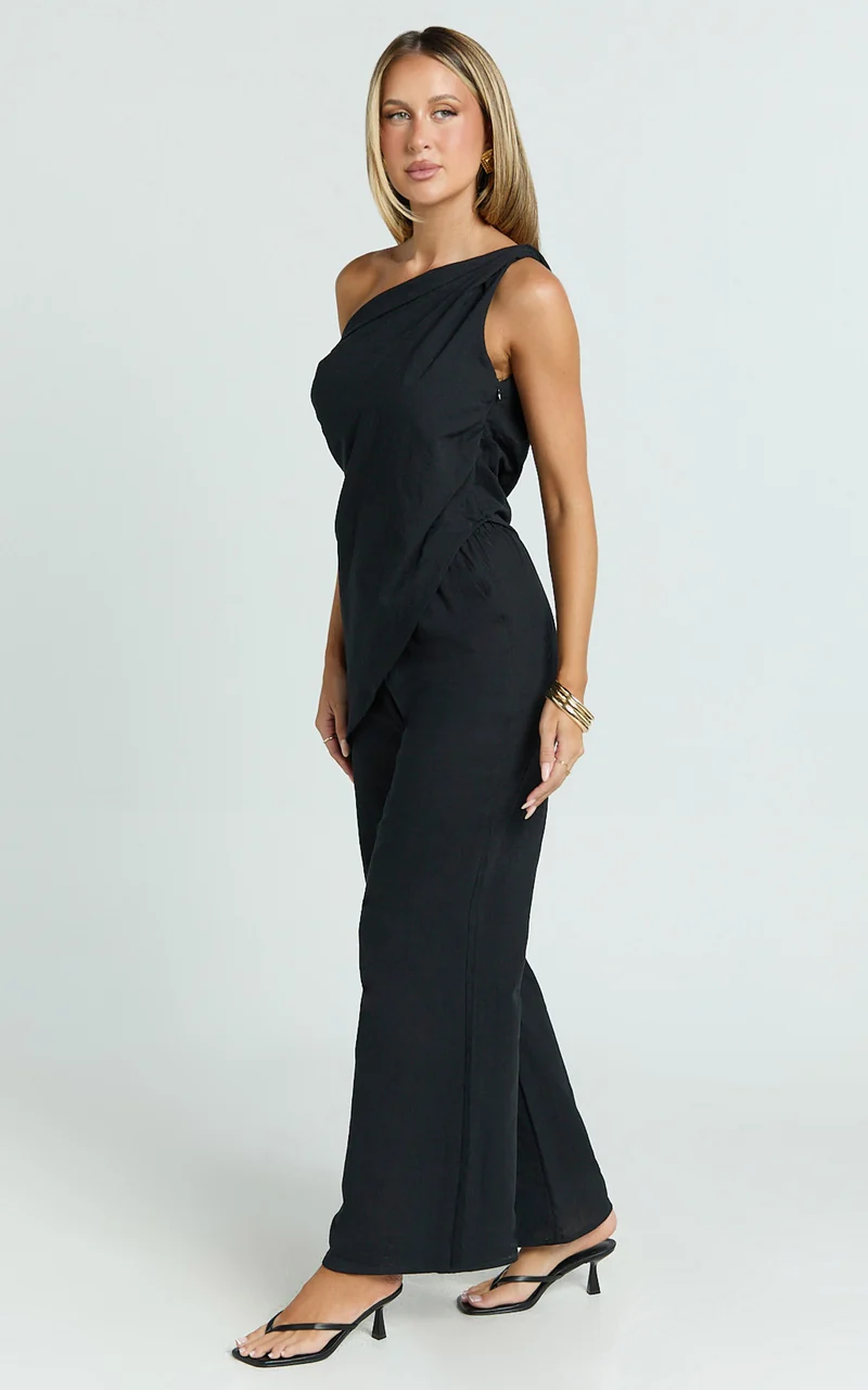 Annalie Two Piece Top and Pants Set - Off Shoulder Linen Set in Black