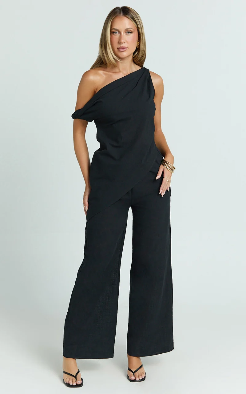 Annalie Two Piece Top and Pants Set - Off Shoulder Linen Set in Black