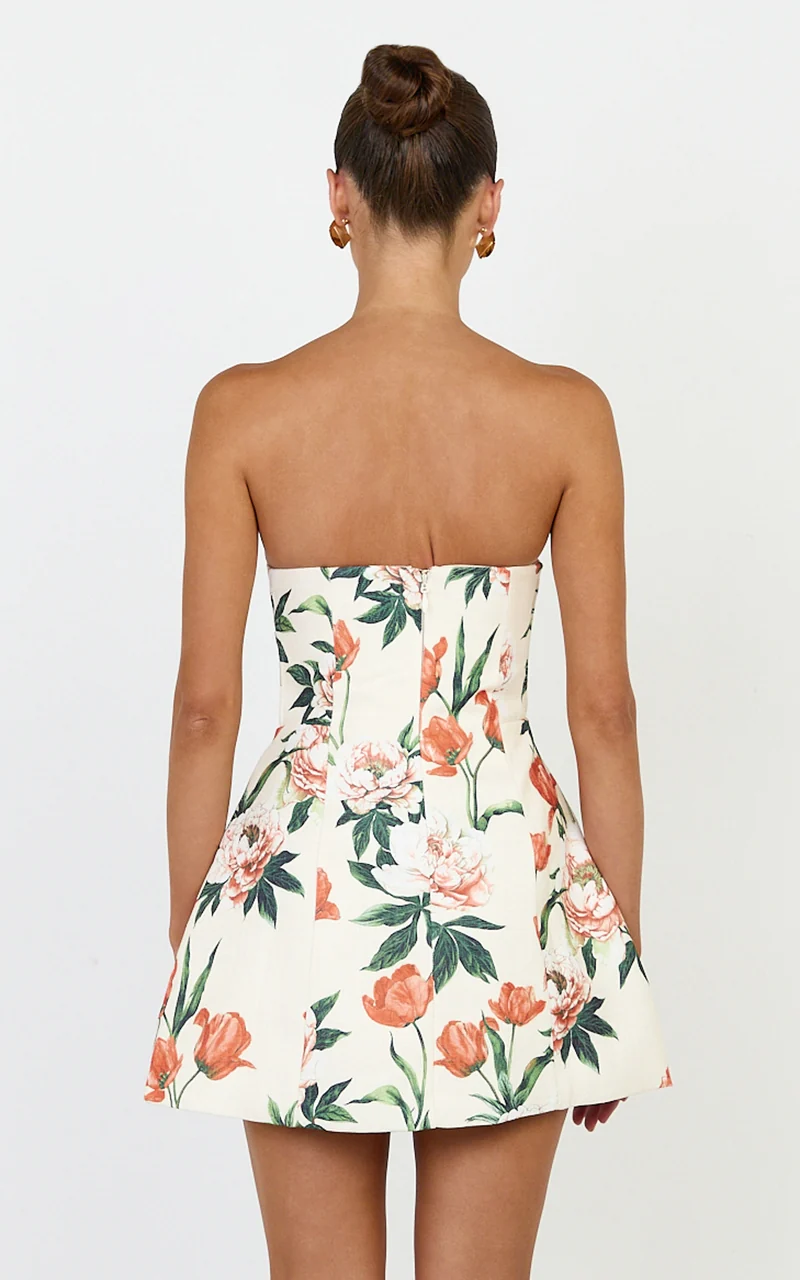 Catharine Mini Dress - Strapless A Line Dress in Rustic Floral