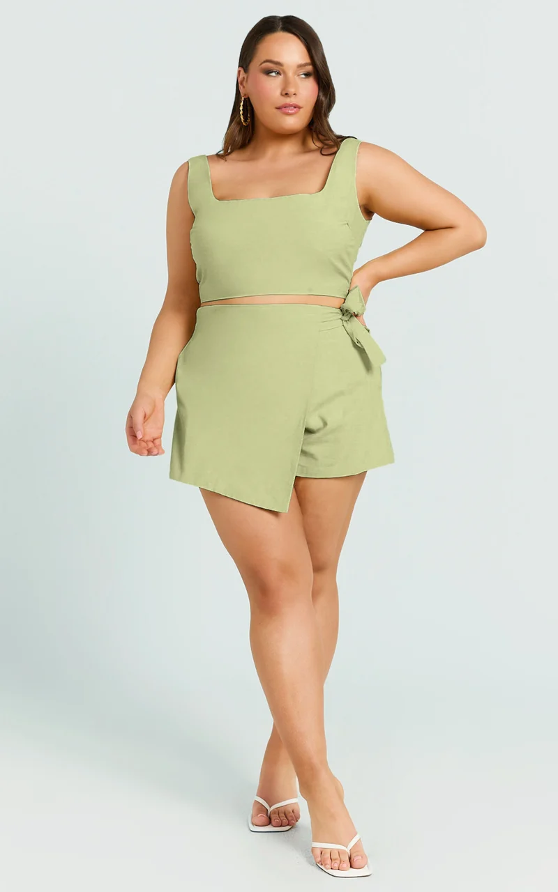 Polina Two Piece Set - Linen Square Neck Crop Top and Tie Waist Skort Set in Sage