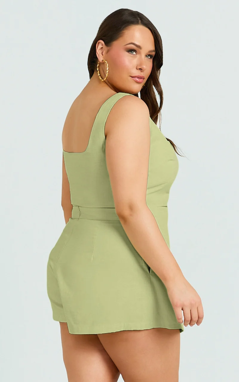 Polina Two Piece Set - Linen Square Neck Crop Top and Tie Waist Skort Set in Sage