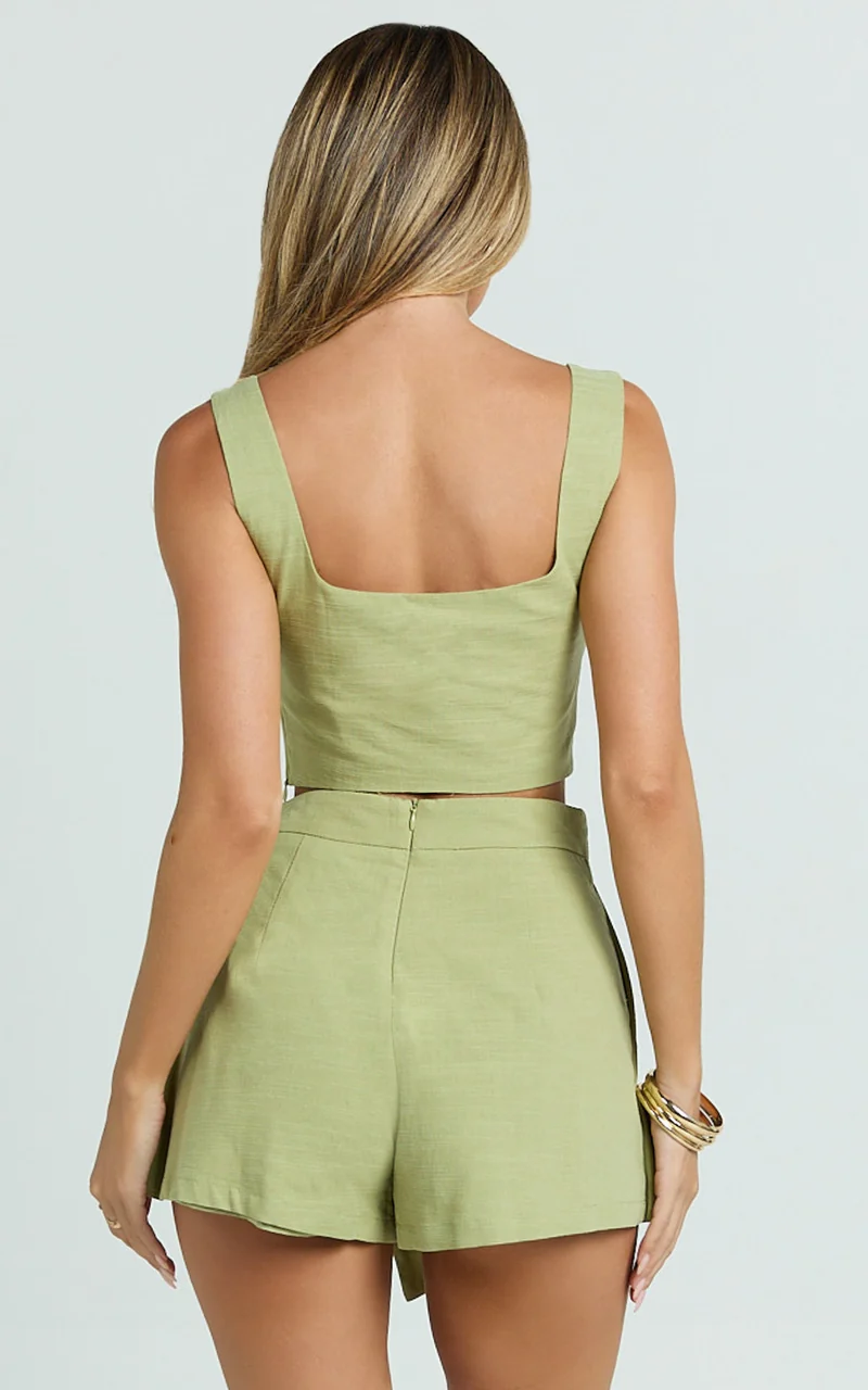 Polina Two Piece Set - Linen Square Neck Crop Top and Tie Waist Skort Set in Sage