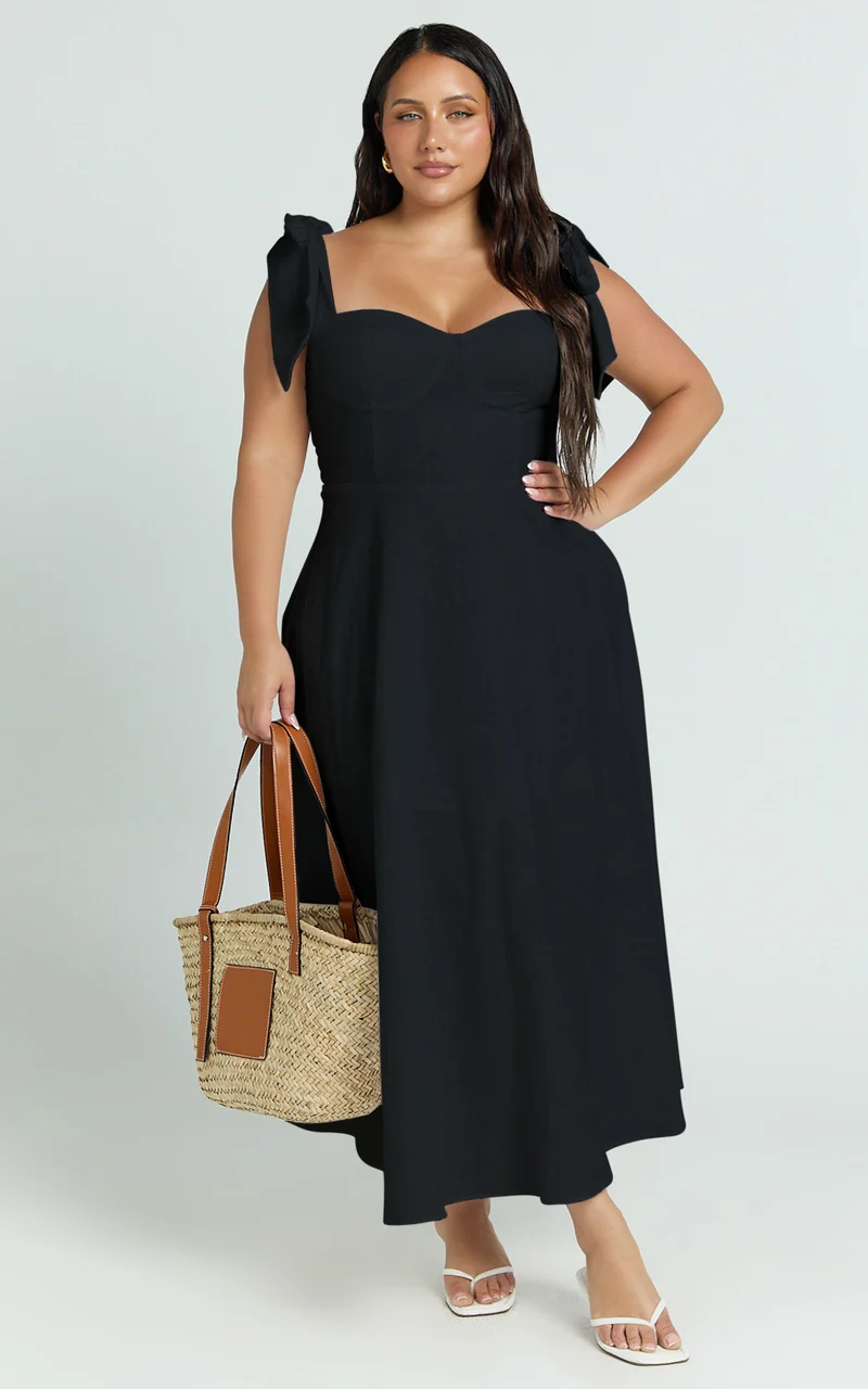 Tymia Midi Dress - Shoulder Tie Bustier Shirred Back A Line in Black