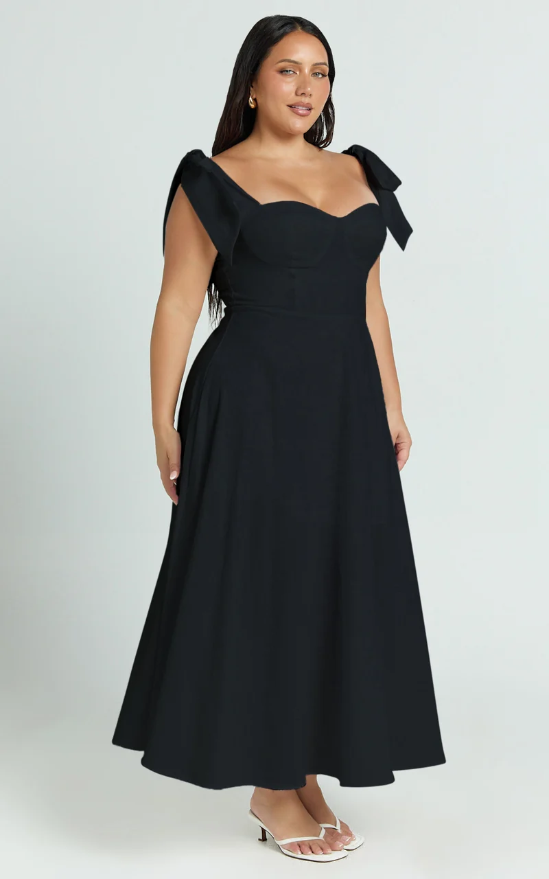 Tymia Midi Dress - Shoulder Tie Bustier Shirred Back A Line in Black