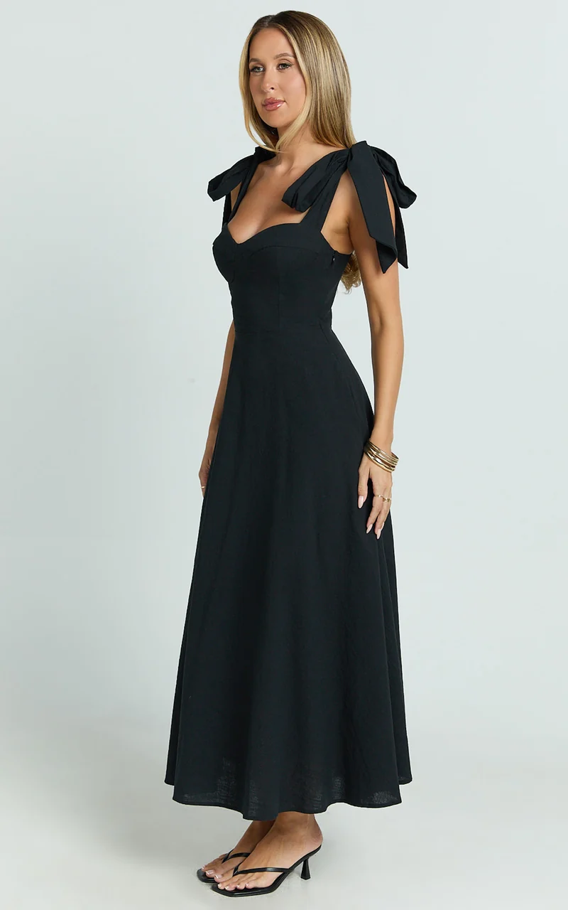 Tymia Midi Dress - Shoulder Tie Bustier Shirred Back A Line in Black