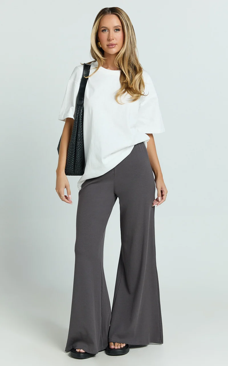 Amalthea Pants - High Waisted Jersey Rib Wide Leg Pants in Charcoal