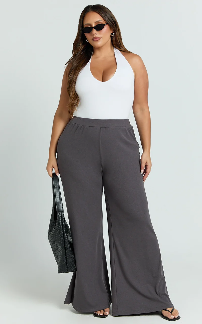 Amalthea Pants - High Waisted Jersey Rib Wide Leg Pants in Charcoal