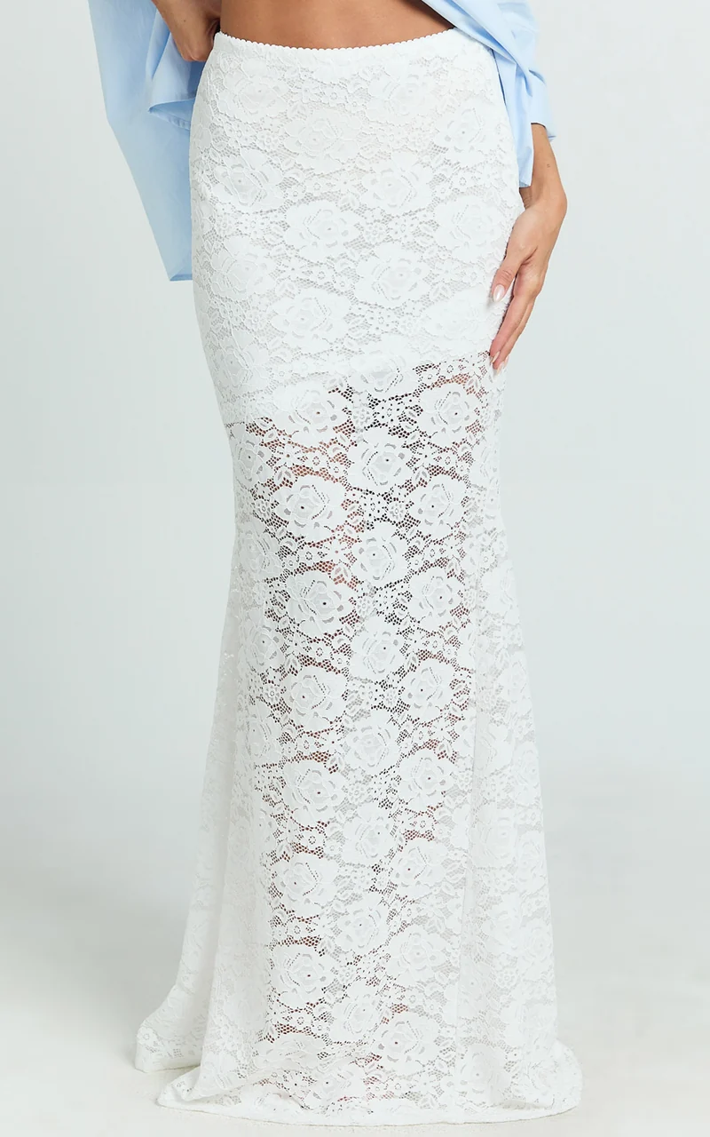Kamille Maxi Skirt - Lace Mermaid Hem Skirt in White