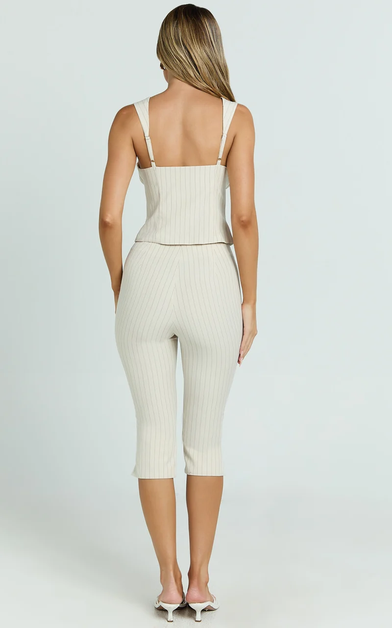 Susannah Pants - Pinstripe Fitted Split Leg Capri Pants in Cream