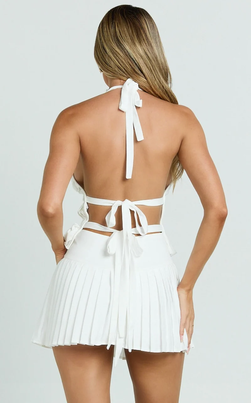 Erica Mini Skirt - Yoke Waist Pocket Detail Pleated Skirt in Off White