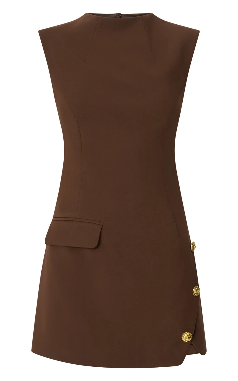 Langley Mini Dress - Sleeveless High Neck Faux Wrap Tulip Dress in Brown