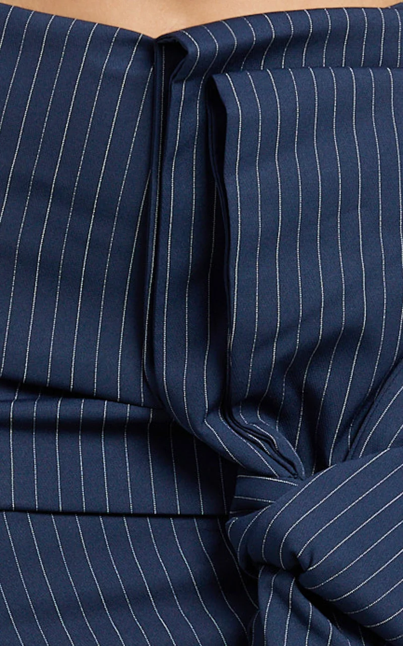 Elliot Mini Skirt - Pinstripe Ruched Bow Detail Fitted Skirt in Navy