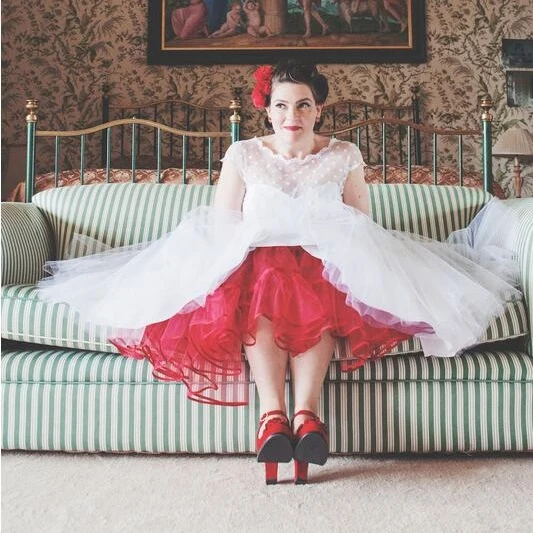 Robe de mariée Rockabilly vintage à manches longues et à pois, longueur thé, années 1950