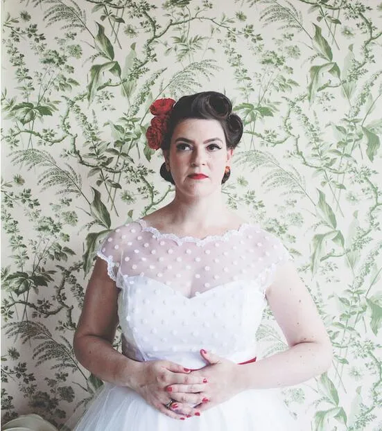 Robe de mariée Rockabilly vintage à manches longues et à pois, longueur thé, années 1950