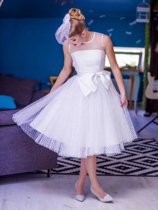Tenue de mariage courte Rockabilly à pois abordable avec reliure en satin | Robe de mariée style années 50