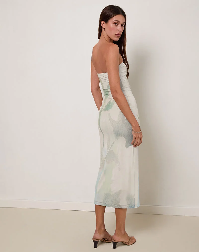Rosbandi Bandeau Midi Dress in Abstract Painted Flower Blue