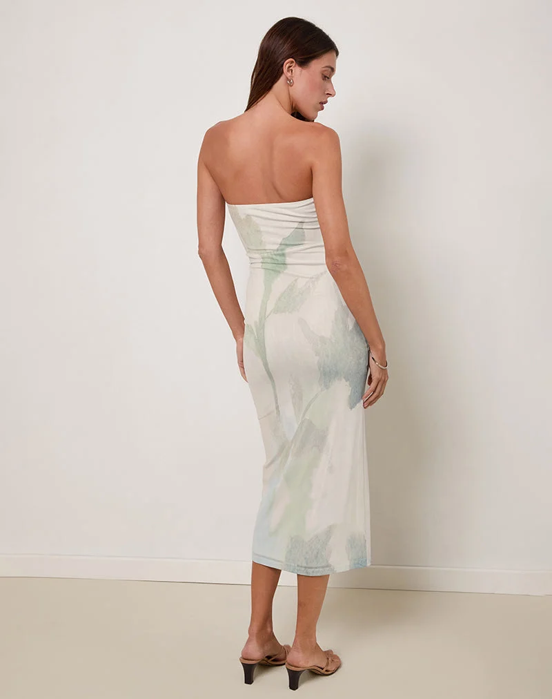 Rosbandi Bandeau Midi Dress in Abstract Painted Flower Blue