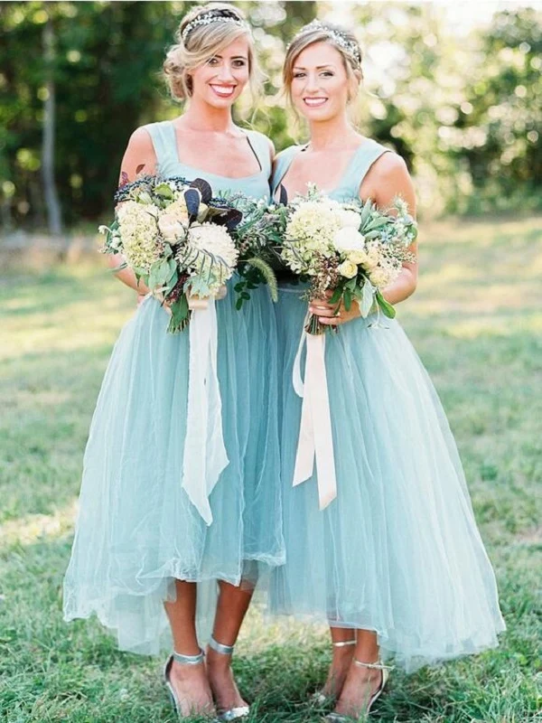 Belles robes de demoiselle d'honneur en tulle longueur thé à la menthe avec de larges bretelles