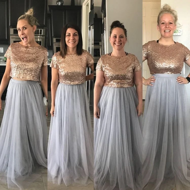 Haut Boho en or rose avec jupe en tulle grise, robes longues de demoiselle d'honneur en deux pièces