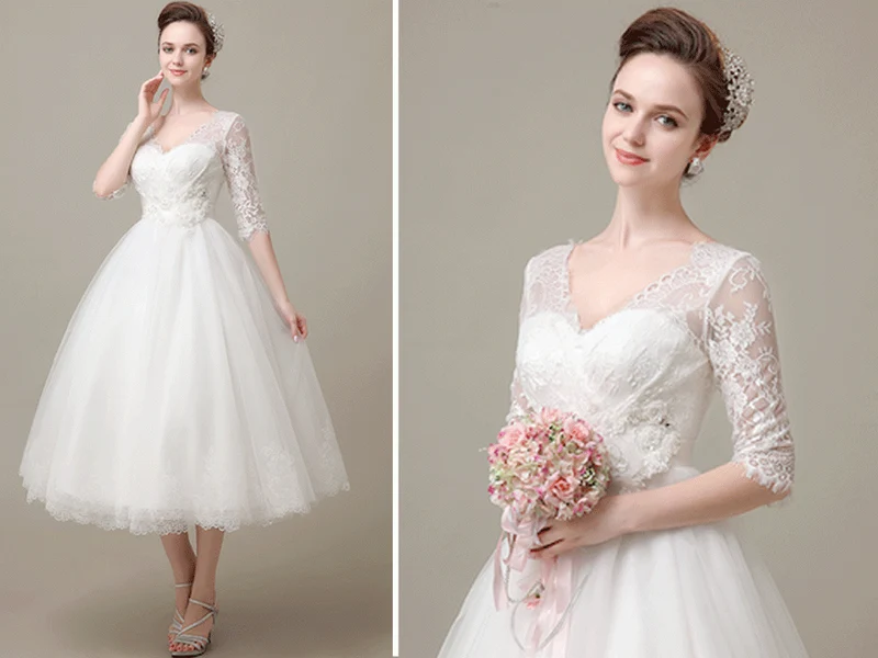 Robe de mariée en dentelle à manches longues d’inspiration rétro longueur thé | Robe de mariée de style pin-up rockabilly